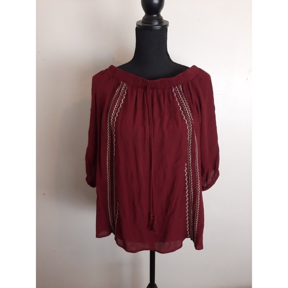 NEW Rose & Grace NYC Blouse Medium Off Shoulder Maroon Peasant Embroidered Boho - Picture 2 of 9